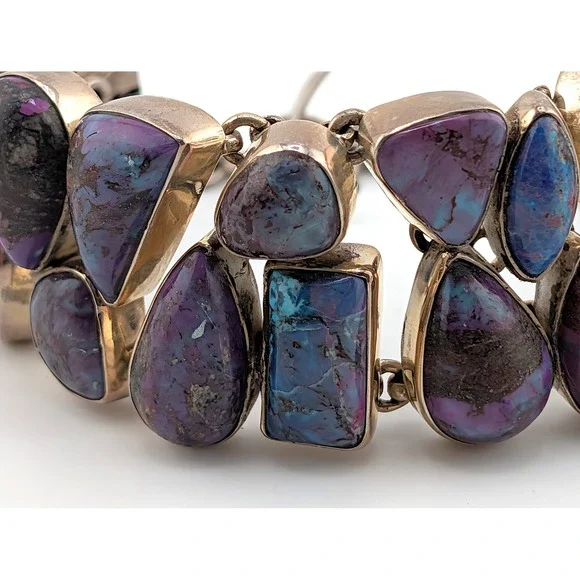 Vintage Bracelet Heavy Silver Statement Jewelry Art Deco Purp Turq sz ADJ *** - Picture 3 of 12
